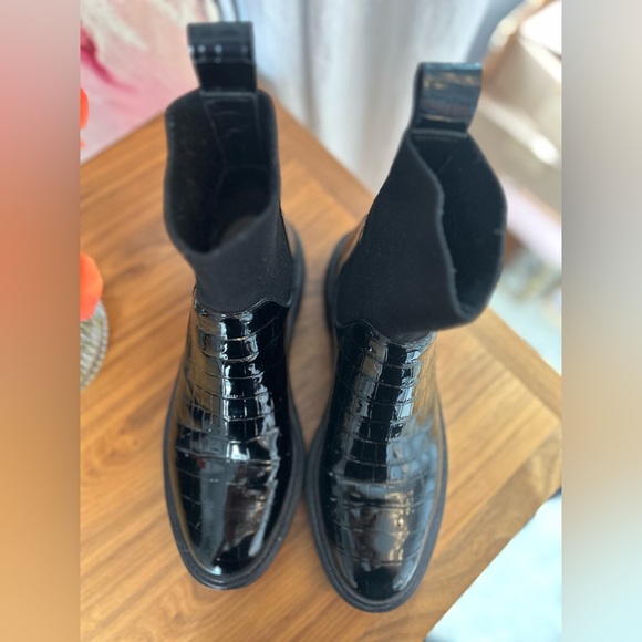 Loeffler Randall Black Croc-Embossed Combat Boots - Picture 8 of 10